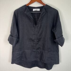 Trina Turk Womens Linen Top XS Casual Tiered Solid Black Blouse 3/4 Sleeve